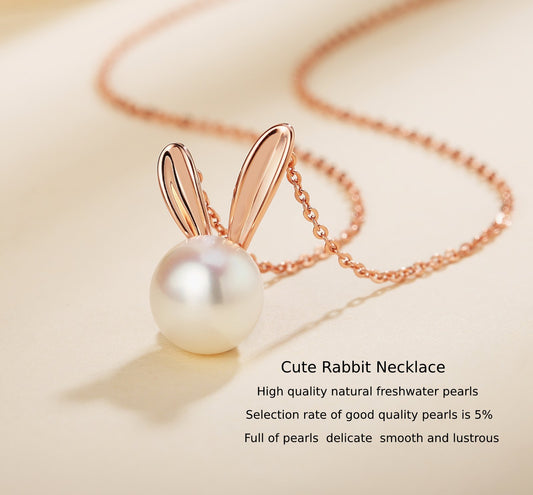 Cute Rabbit Necklace with Natural Pearls (8-9mm) in Sterling Silver (Rose)